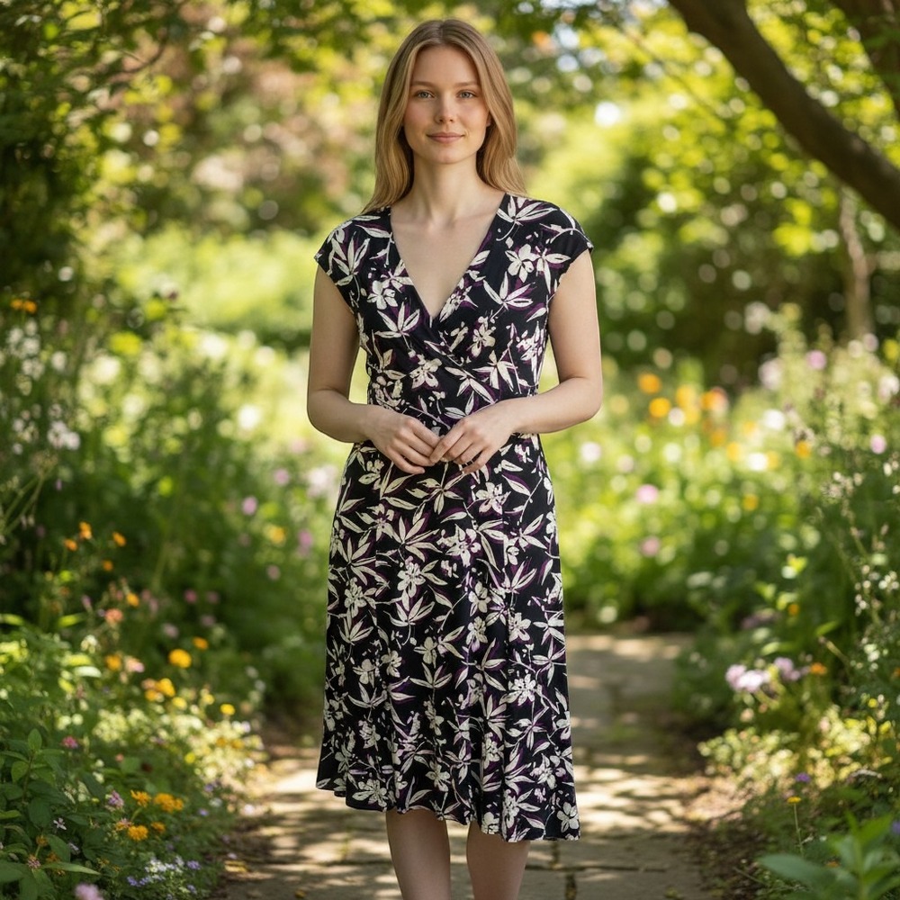 Chaps Black Floral Midi Dress with Purple Accents